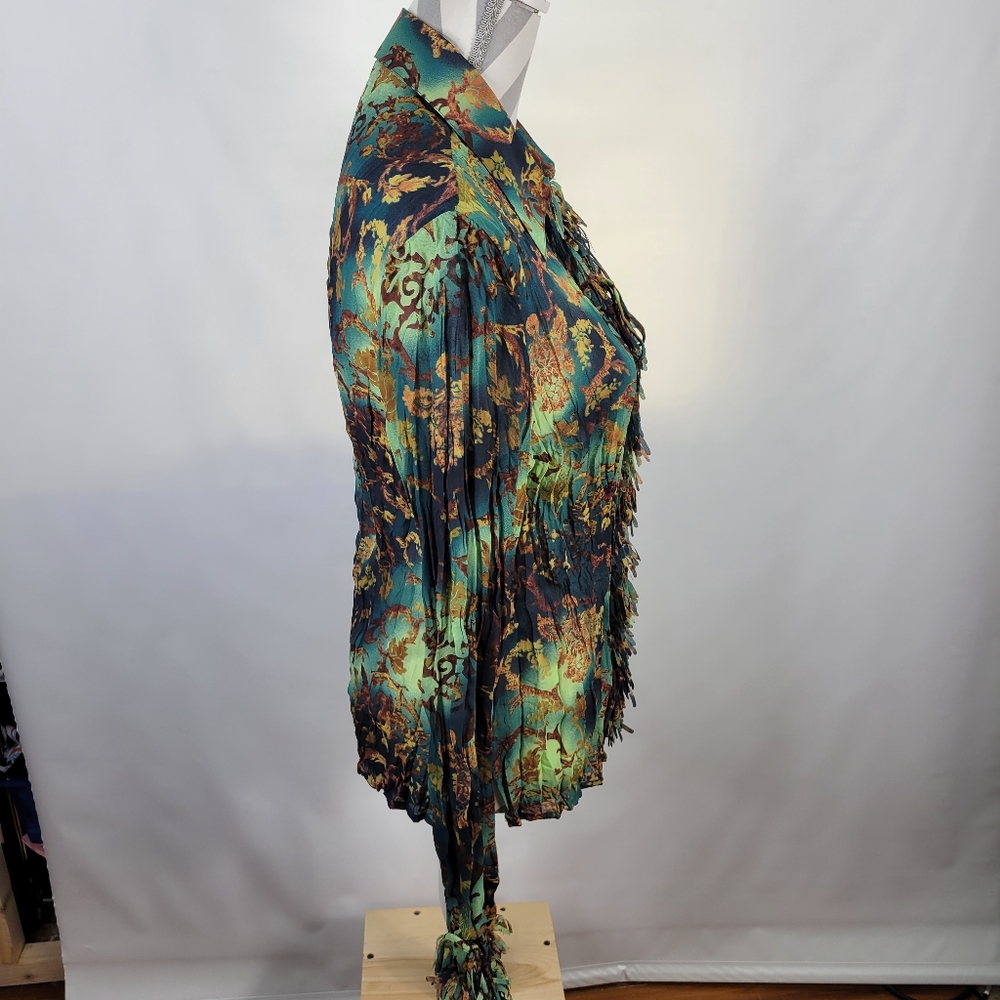 Violet & Claire Sheer Crinkle Blouse Green Teal Brown Tie at Cuffs Fringe XL - Picture 5 of 12